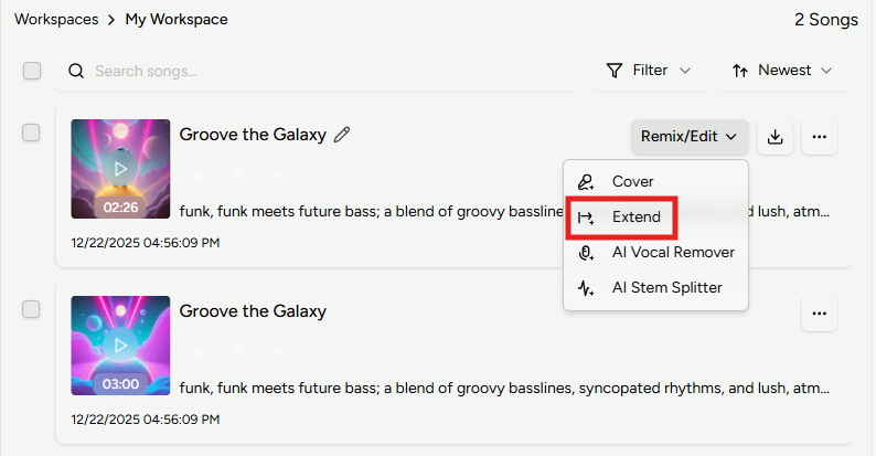 Choose the song to extend